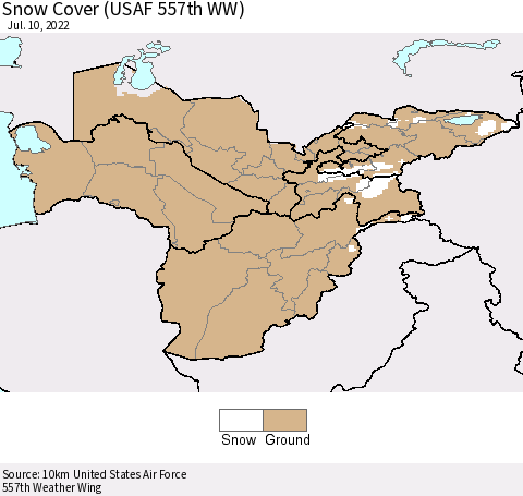 Central Asia Snow Cover (USAF 557th WW) Thematic Map For 7/4/2022 - 7/10/2022