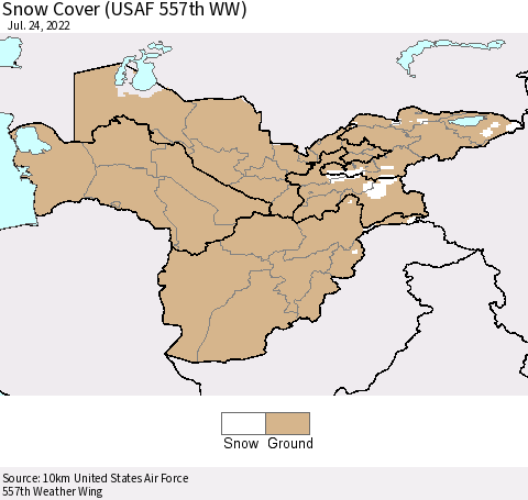 Central Asia Snow Cover (USAF 557th WW) Thematic Map For 7/18/2022 - 7/24/2022