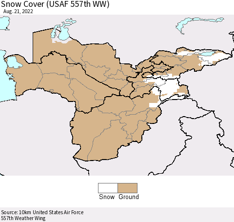 Central Asia Snow Cover (USAF 557th WW) Thematic Map For 8/15/2022 - 8/21/2022