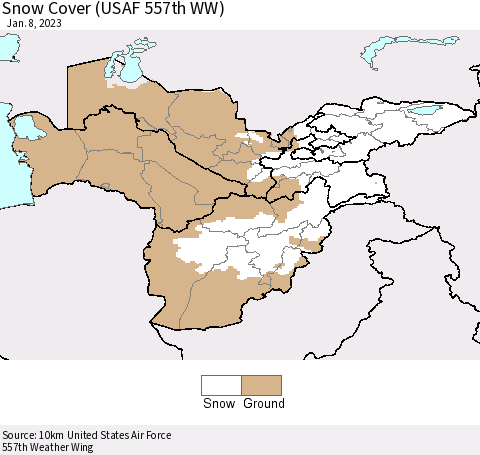 Central Asia Snow Cover (USAF 557th WW) Thematic Map For 1/2/2023 - 1/8/2023