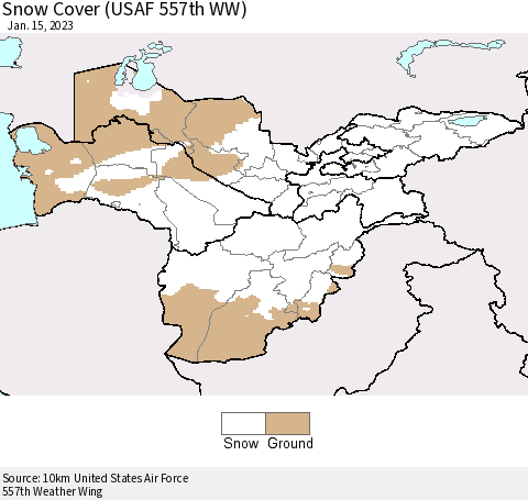 Central Asia Snow Cover (USAF 557th WW) Thematic Map For 1/9/2023 - 1/15/2023