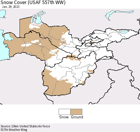 Central Asia Snow Cover (USAF 557th WW) Thematic Map For 1/23/2023 - 1/29/2023