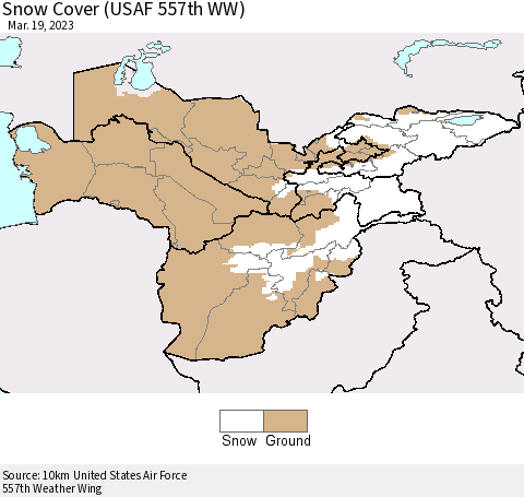 Central Asia Snow Cover (USAF 557th WW) Thematic Map For 3/13/2023 - 3/19/2023