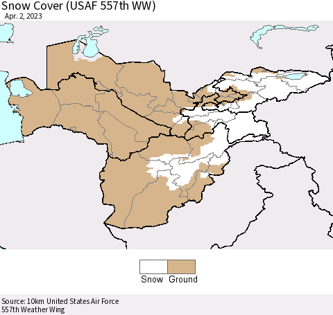 Central Asia Snow Cover (USAF 557th WW) Thematic Map For 3/27/2023 - 4/2/2023
