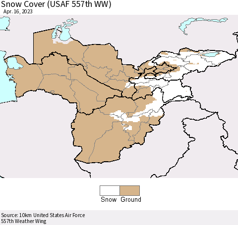 Central Asia Snow Cover (USAF 557th WW) Thematic Map For 4/10/2023 - 4/16/2023