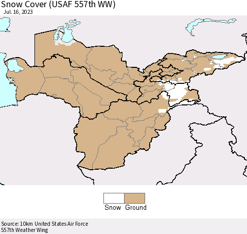 Central Asia Snow Cover (USAF 557th WW) Thematic Map For 7/10/2023 - 7/16/2023