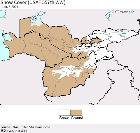 Central Asia Snow Cover (USAF 557th WW) Thematic Map For 1/1/2024 - 1/7/2024
