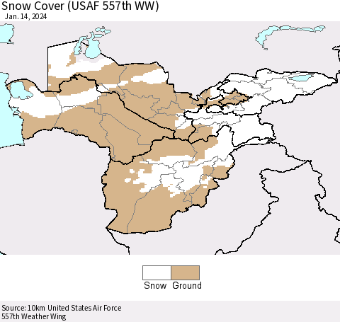 Central Asia Snow Cover (USAF 557th WW) Thematic Map For 1/8/2024 - 1/14/2024