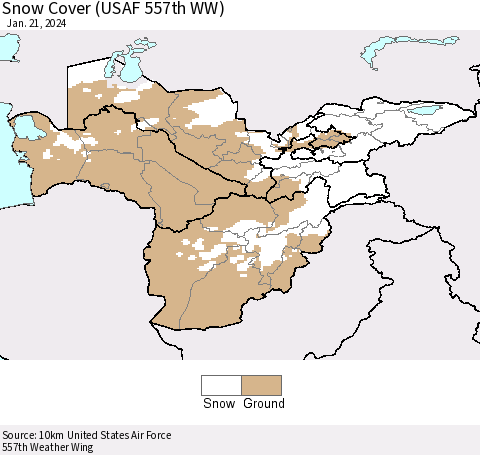 Central Asia Snow Cover (USAF 557th WW) Thematic Map For 1/15/2024 - 1/21/2024