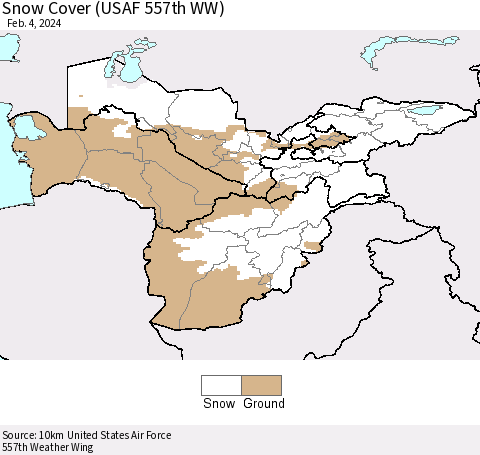Central Asia Snow Cover (USAF 557th WW) Thematic Map For 1/29/2024 - 2/4/2024