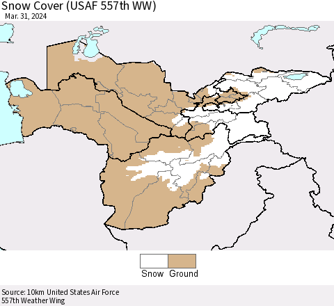 Central Asia Snow Cover (USAF 557th WW) Thematic Map For 3/25/2024 - 3/31/2024
