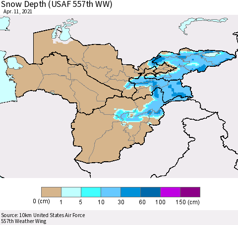 Central Asia Snow Depth (USAF 557th WW) Thematic Map For 4/5/2021 - 4/11/2021
