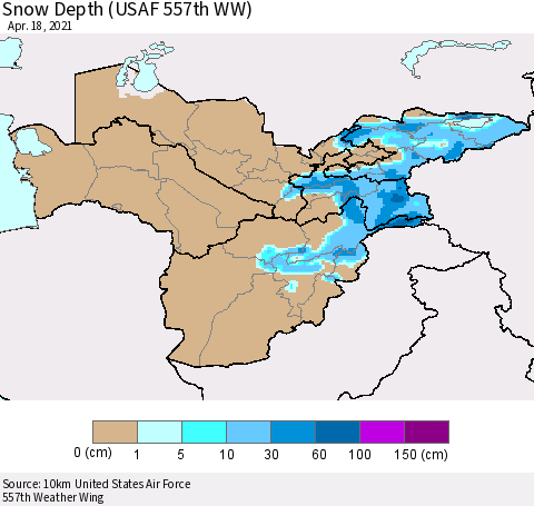 Central Asia Snow Depth (USAF 557th WW) Thematic Map For 4/12/2021 - 4/18/2021