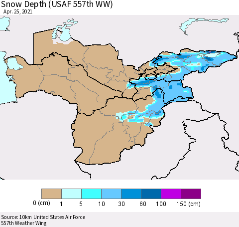 Central Asia Snow Depth (USAF 557th WW) Thematic Map For 4/19/2021 - 4/25/2021