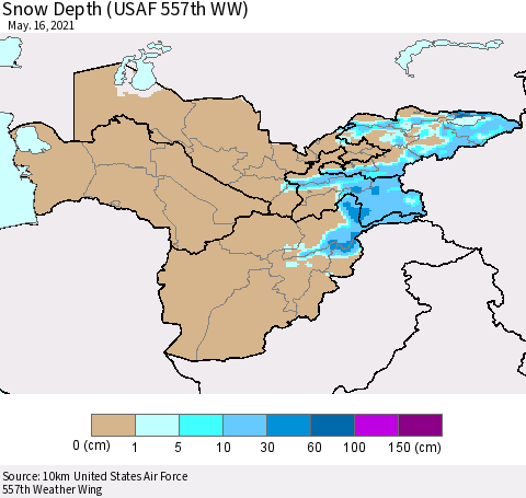 Central Asia Snow Depth (USAF 557th WW) Thematic Map For 5/10/2021 - 5/16/2021