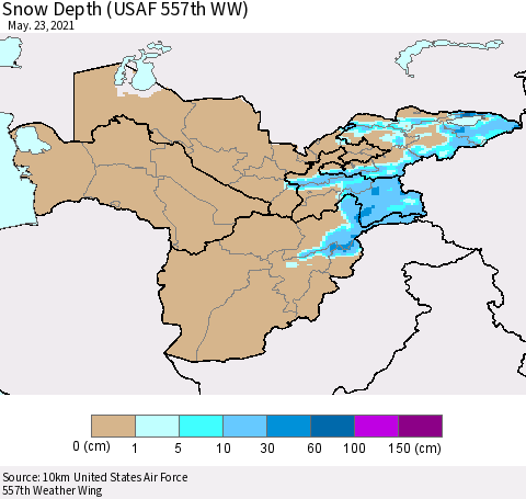 Central Asia Snow Depth (USAF 557th WW) Thematic Map For 5/17/2021 - 5/23/2021