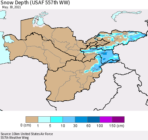 Central Asia Snow Depth (USAF 557th WW) Thematic Map For 5/24/2021 - 5/30/2021