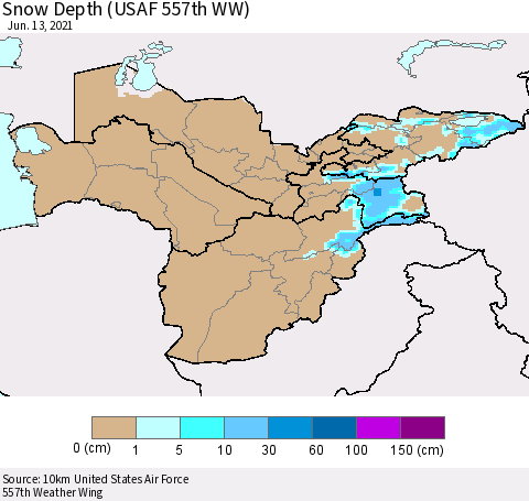 Central Asia Snow Depth (USAF 557th WW) Thematic Map For 6/7/2021 - 6/13/2021