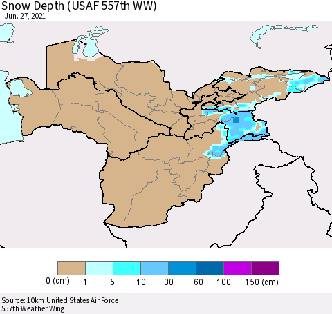 Central Asia Snow Depth (USAF 557th WW) Thematic Map For 6/21/2021 - 6/27/2021
