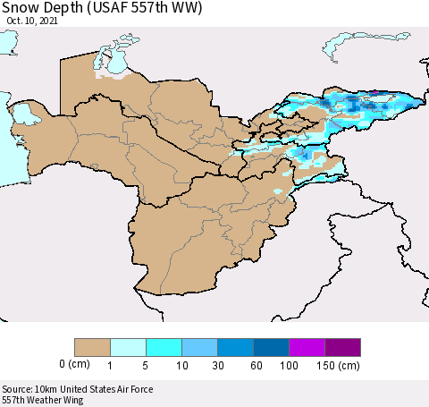 Central Asia Snow Depth (USAF 557th WW) Thematic Map For 10/4/2021 - 10/10/2021