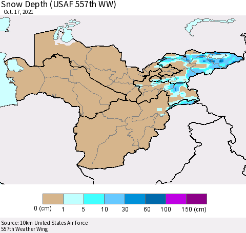 Central Asia Snow Depth (USAF 557th WW) Thematic Map For 10/11/2021 - 10/17/2021