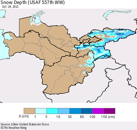 Central Asia Snow Depth (USAF 557th WW) Thematic Map For 10/18/2021 - 10/24/2021