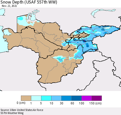 Central Asia Snow Depth (USAF 557th WW) Thematic Map For 11/15/2021 - 11/21/2021