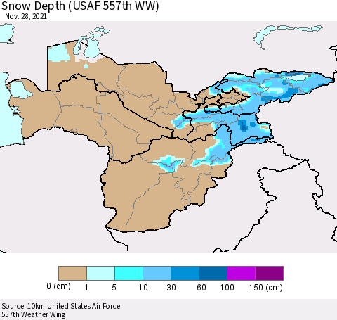 Central Asia Snow Depth (USAF 557th WW) Thematic Map For 11/22/2021 - 11/28/2021