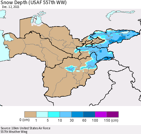 Central Asia Snow Depth (USAF 557th WW) Thematic Map For 12/6/2021 - 12/12/2021