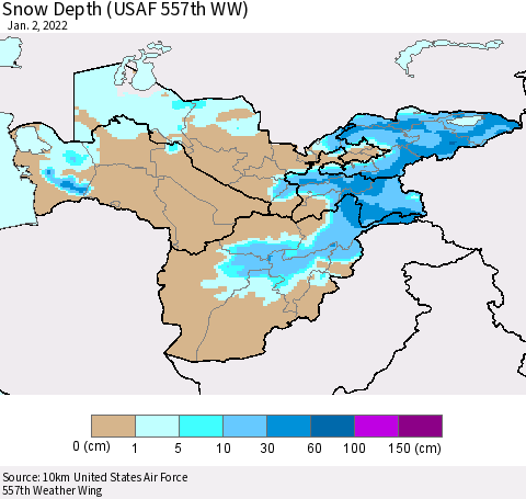 Central Asia Snow Depth (USAF 557th WW) Thematic Map For 12/27/2021 - 1/2/2022