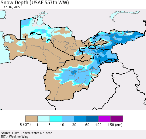 Central Asia Snow Depth (USAF 557th WW) Thematic Map For 1/10/2022 - 1/16/2022
