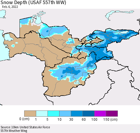 Central Asia Snow Depth (USAF 557th WW) Thematic Map For 1/31/2022 - 2/6/2022