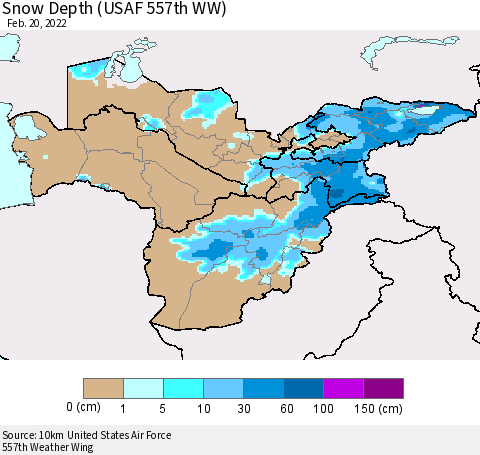 Central Asia Snow Depth (USAF 557th WW) Thematic Map For 2/14/2022 - 2/20/2022