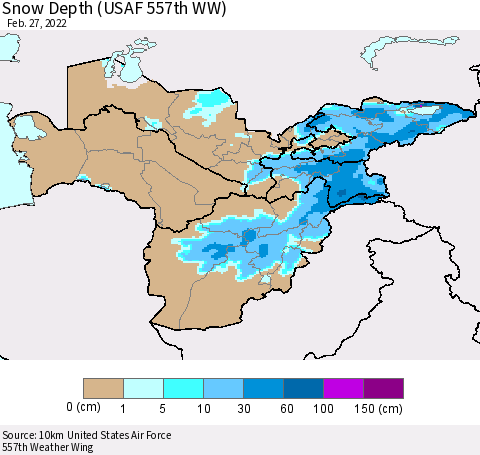 Central Asia Snow Depth (USAF 557th WW) Thematic Map For 2/21/2022 - 2/27/2022