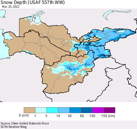 Central Asia Snow Depth (USAF 557th WW) Thematic Map For 3/14/2022 - 3/20/2022