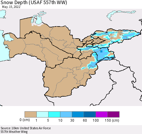 Central Asia Snow Depth (USAF 557th WW) Thematic Map For 5/9/2022 - 5/15/2022