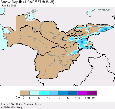 Central Asia Snow Depth (USAF 557th WW) Thematic Map For 6/6/2022 - 6/12/2022