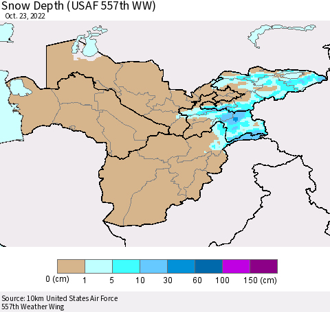 Central Asia Snow Depth (USAF 557th WW) Thematic Map For 10/17/2022 - 10/23/2022