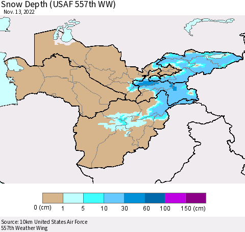 Central Asia Snow Depth (USAF 557th WW) Thematic Map For 11/7/2022 - 11/13/2022