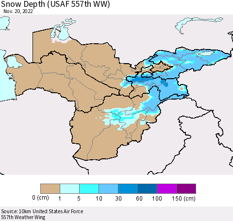 Central Asia Snow Depth (USAF 557th WW) Thematic Map For 11/14/2022 - 11/20/2022