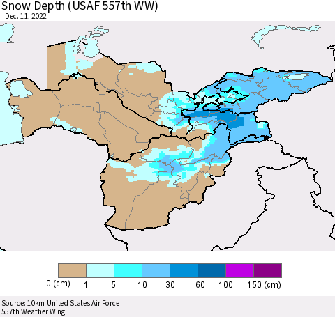 Central Asia Snow Depth (USAF 557th WW) Thematic Map For 12/5/2022 - 12/11/2022