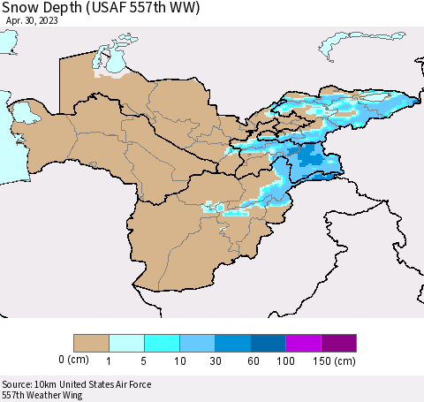 Central Asia Snow Depth (USAF 557th WW) Thematic Map For 4/24/2023 - 4/30/2023