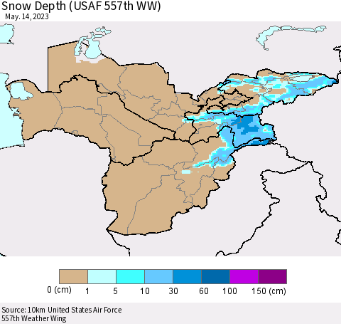 Central Asia Snow Depth (USAF 557th WW) Thematic Map For 5/8/2023 - 5/14/2023