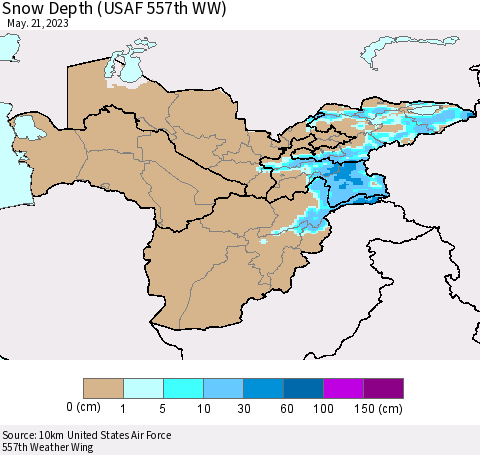 Central Asia Snow Depth (USAF 557th WW) Thematic Map For 5/15/2023 - 5/21/2023