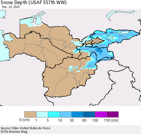 Central Asia Snow Depth (USAF 557th WW) Thematic Map For 12/4/2023 - 12/10/2023