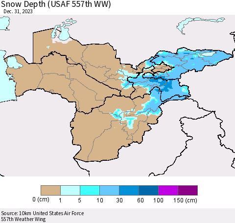 Central Asia Snow Depth (USAF 557th WW) Thematic Map For 12/25/2023 - 12/31/2023