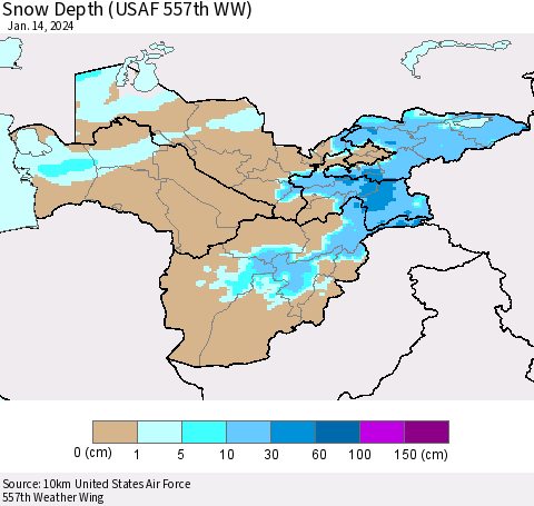 Central Asia Snow Depth (USAF 557th WW) Thematic Map For 1/8/2024 - 1/14/2024