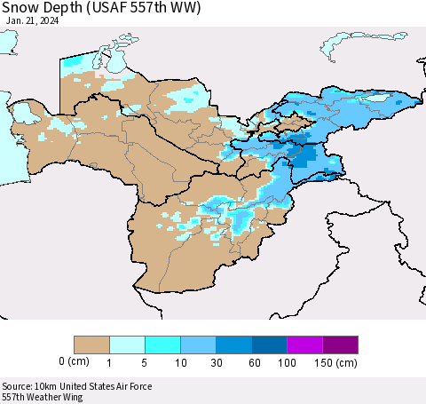Central Asia Snow Depth (USAF 557th WW) Thematic Map For 1/15/2024 - 1/21/2024