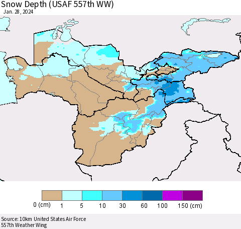 Central Asia Snow Depth (USAF 557th WW) Thematic Map For 1/22/2024 - 1/28/2024
