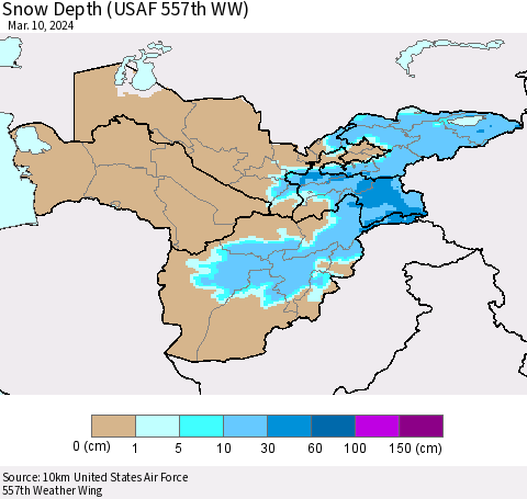 Central Asia Snow Depth (USAF 557th WW) Thematic Map For 3/4/2024 - 3/10/2024